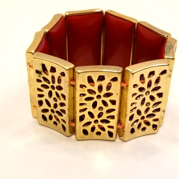 ✅Red Carnelian Inlay Stretch Reversible Cuff Bracelet Gold Ornate Hand Crafted❣ - Picture 9 of 13